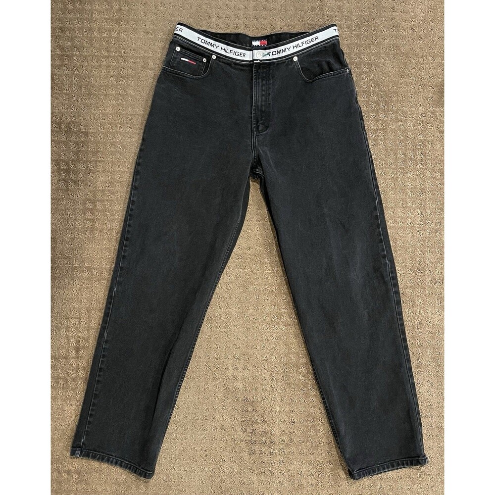Vintage Tommy Hilfiger Jeans Men's 34x34 Black Denim Baggy Wide Leg 90s Hip Hop